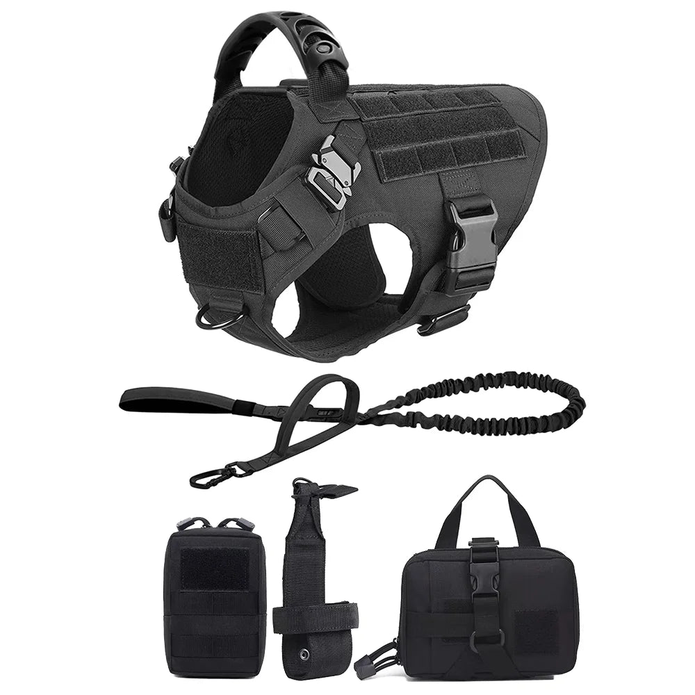 Adjustable Tactical Dog Harness With Leash And Pocket Pack