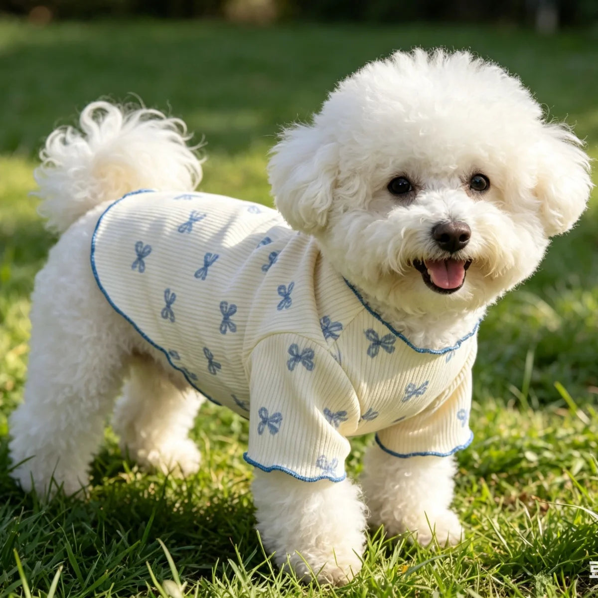 Breathable Knit Pet Sweater With Allover Print And Pink Bow Tie