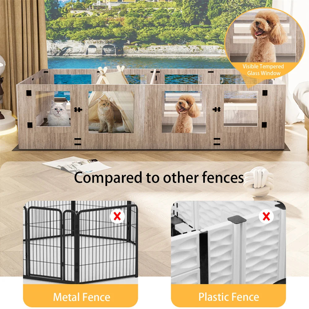 Borwart Tempered Glass Dog Playpen With Waterproof Mat And Rails