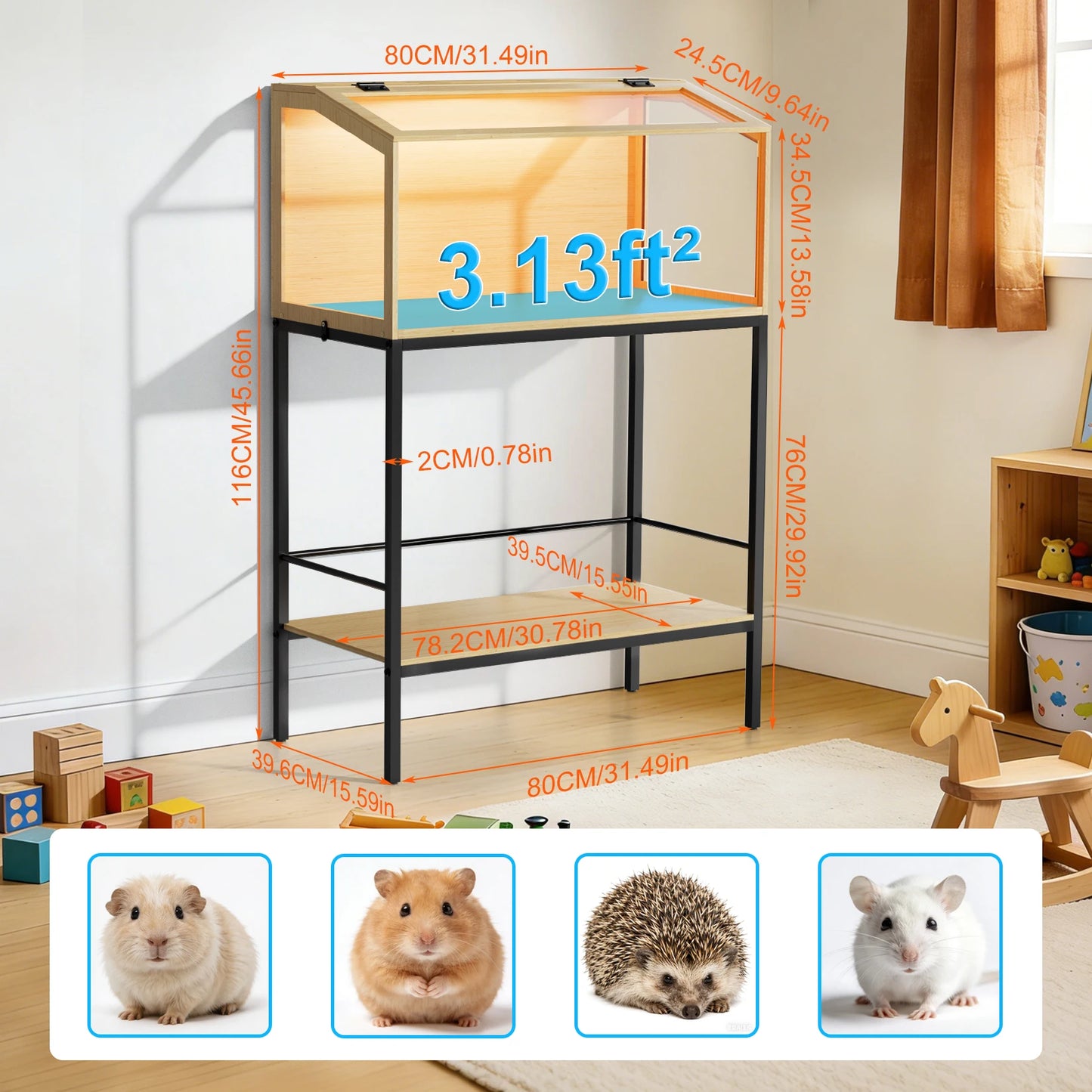 Wooden Hamster Cage With Built In LED Light Habitat