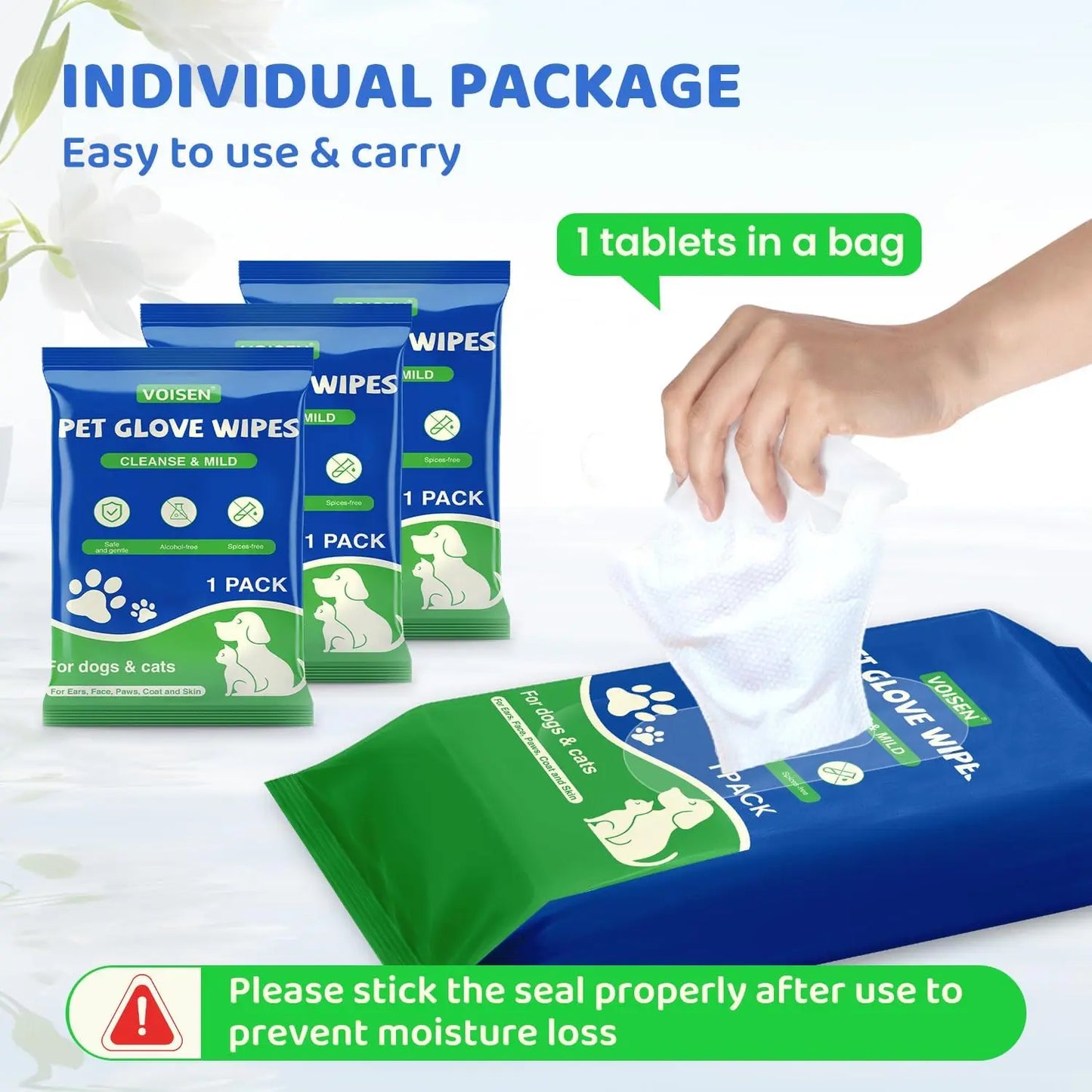 Pet Glove Wipes For Dogs And Cats, Unscented Grooming Towelettes