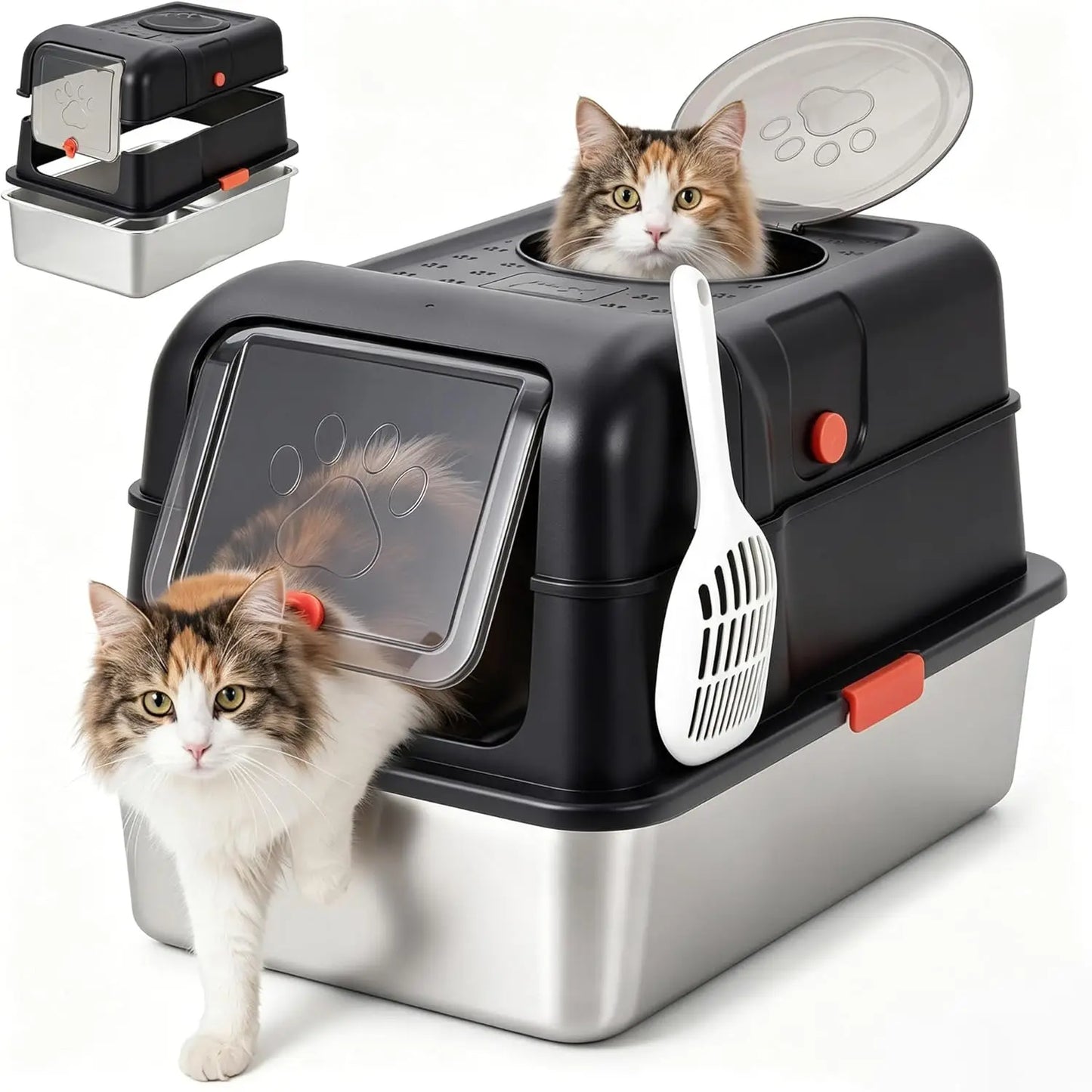 Studyset Enclosed Stainless Steel Litter Box For Multi Cat Home