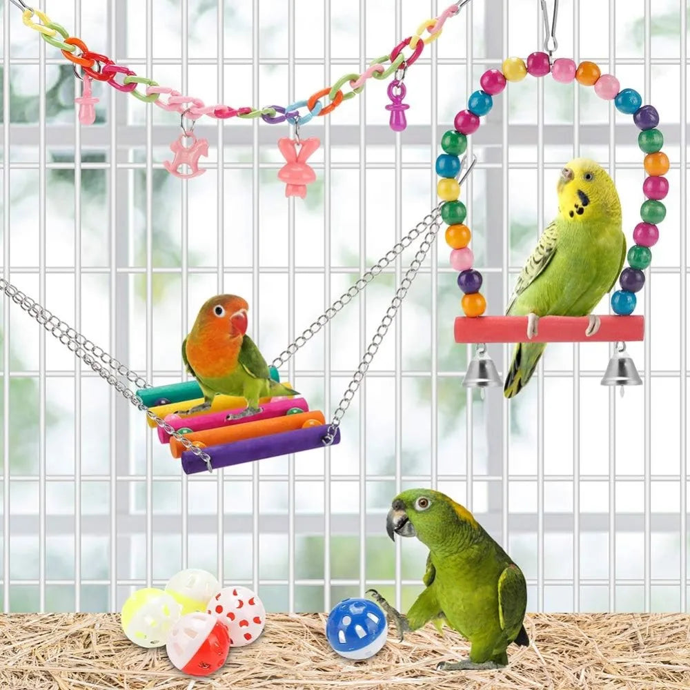Parakeet Bird Toys 11 Pcs Wood Perch Swings For Birds