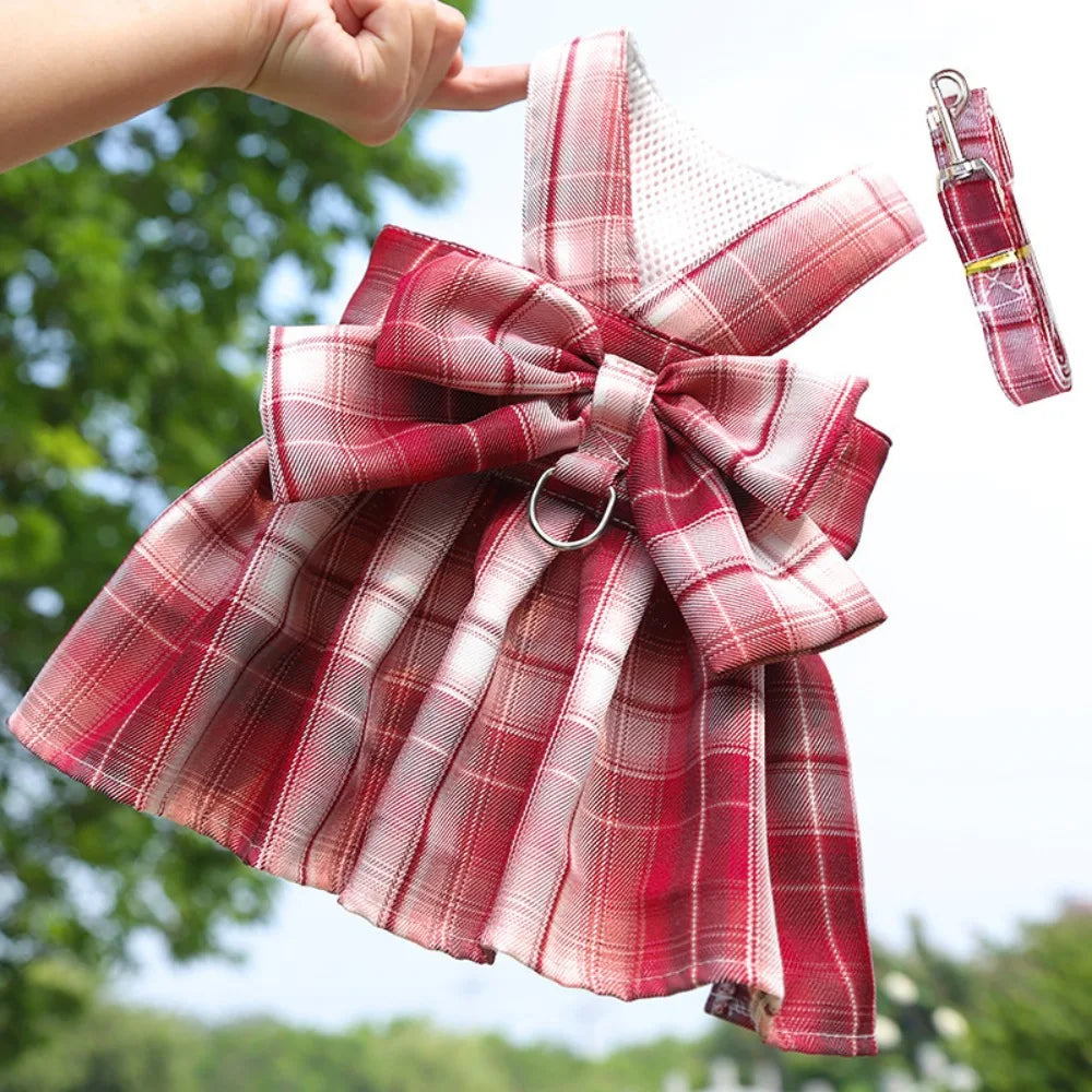 Dog Plaid JK Dress Harness Skirt With Leash Traction Washable