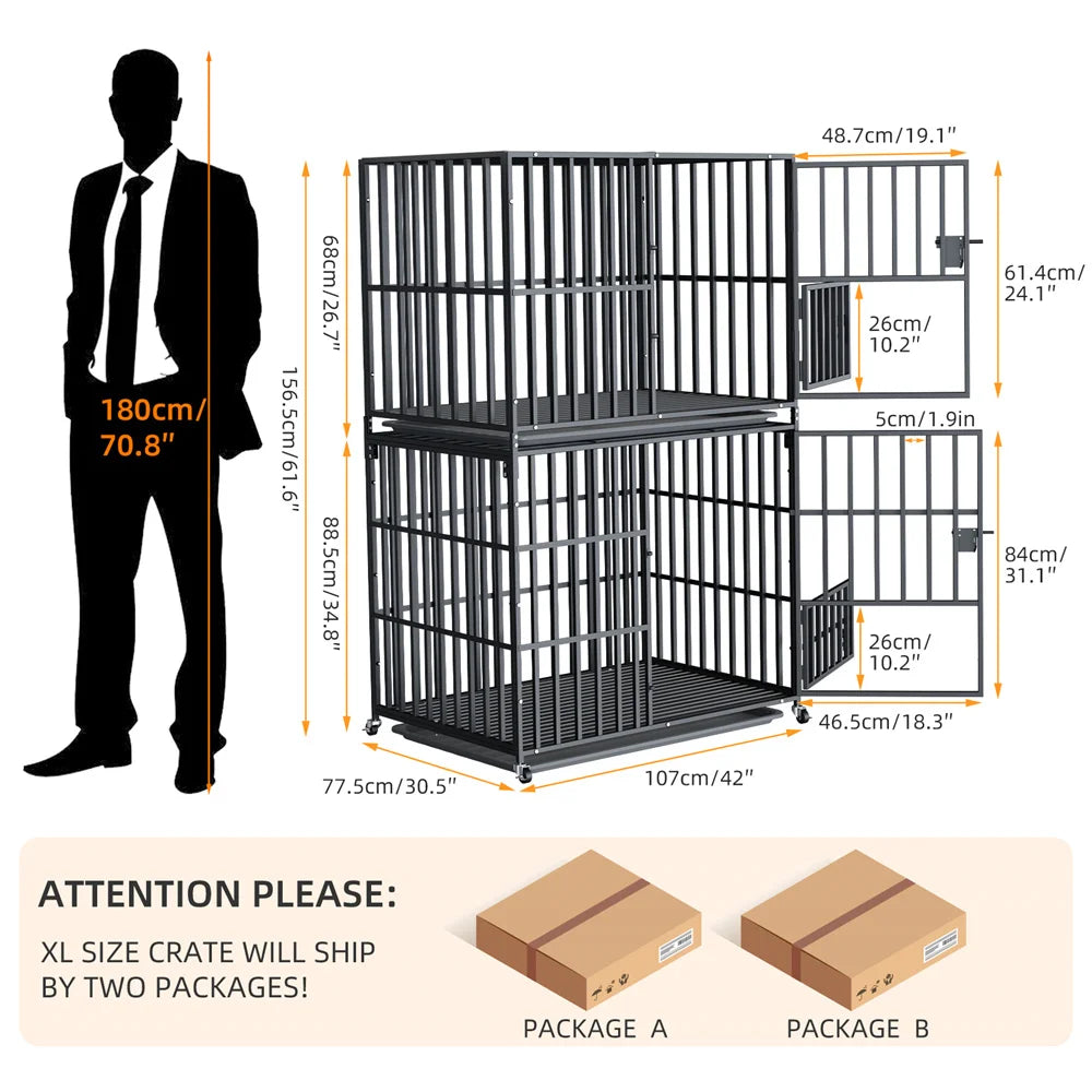 BORWART Oversized Stackable Dog Crate With Removable Tray Lockable Wheels