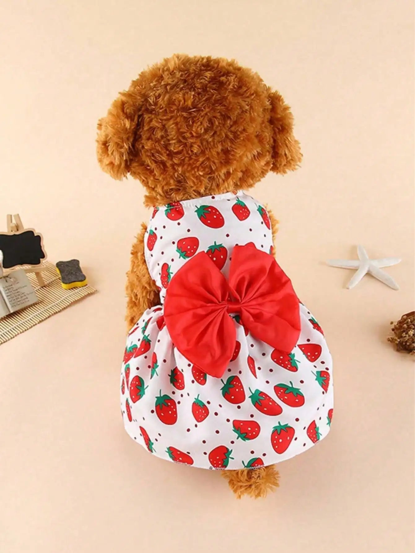 Strawberry Print Bow Decor Dog Dress For Christmas Holidays