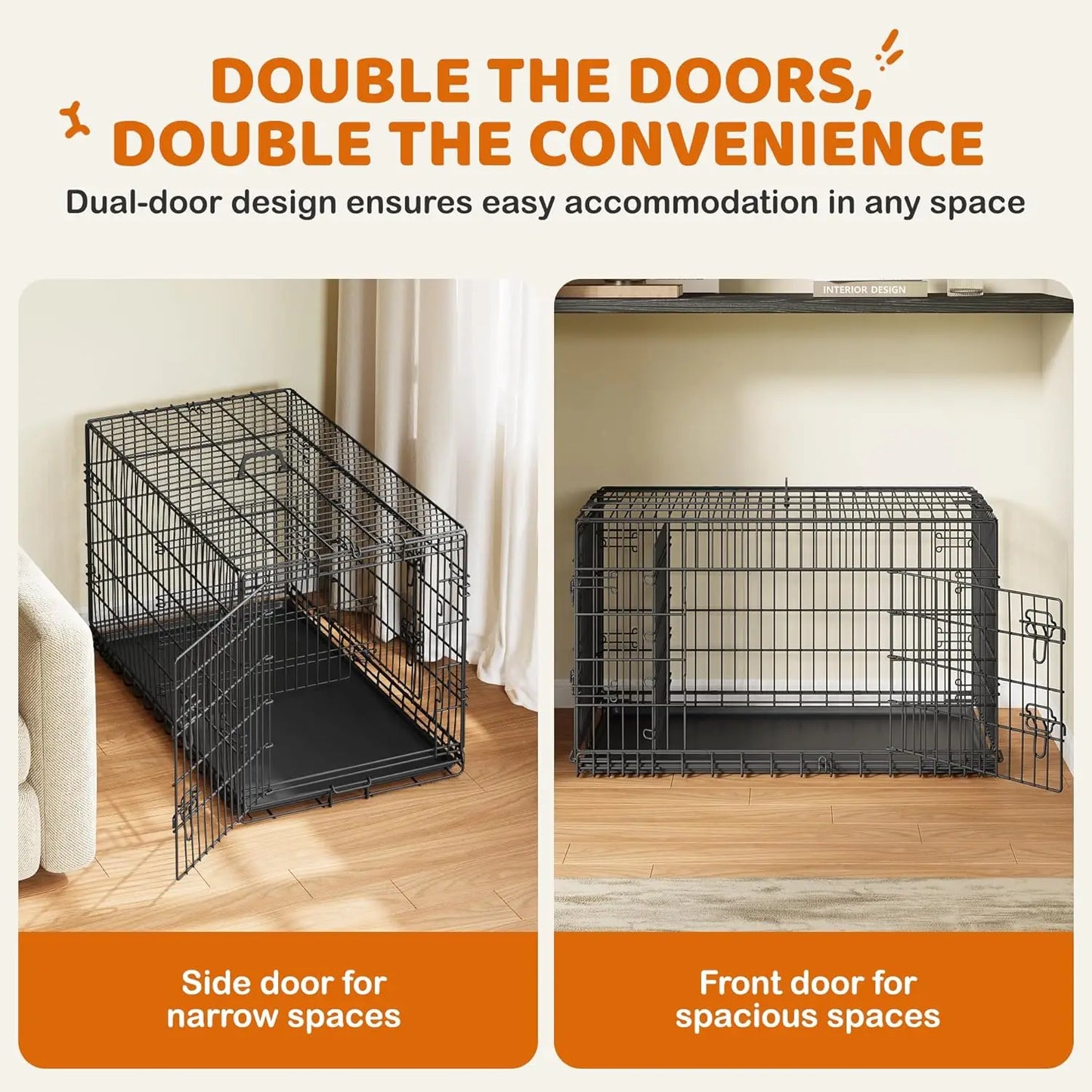 Dog Crate With Divider Collapsible Metal Kennel With Removable Tray