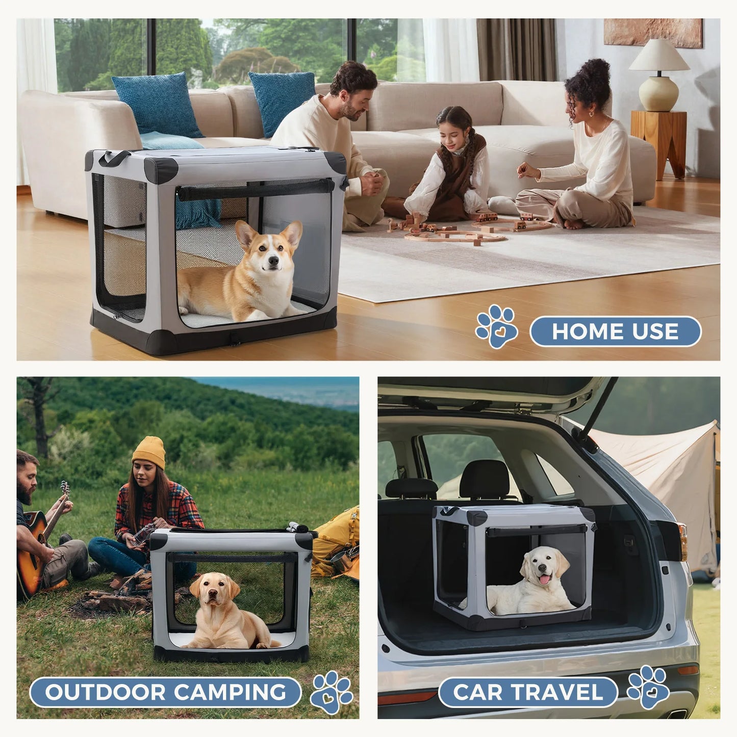 JHK Foldable Soft Dog Crate Kennel With Three Doors Indoors
