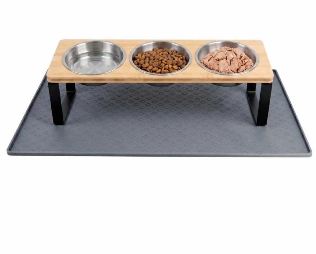 Elevated Cat Feeder With Tilted Stainless Bowls On Bamboo Iron Stand