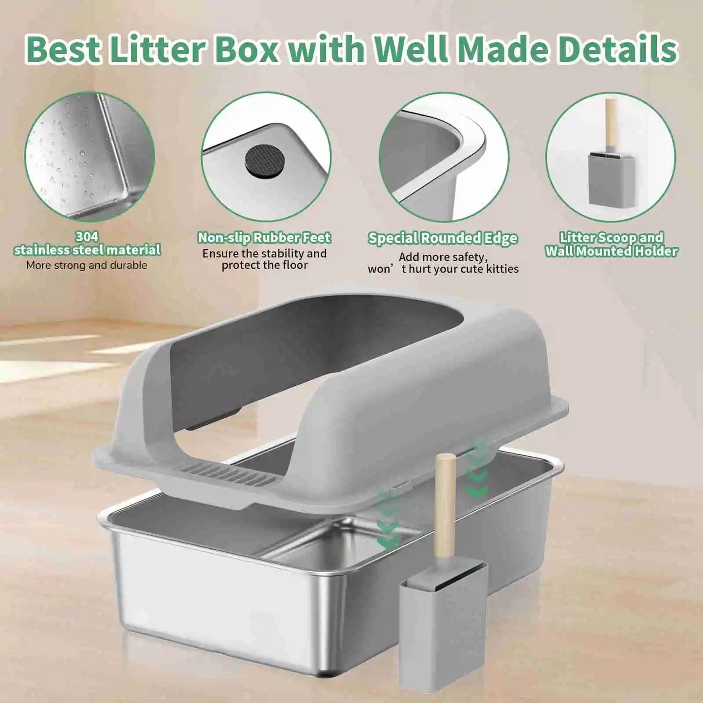 Qiilu Stainless Steel Cat Litter Box With Lid Scoop And Mat
