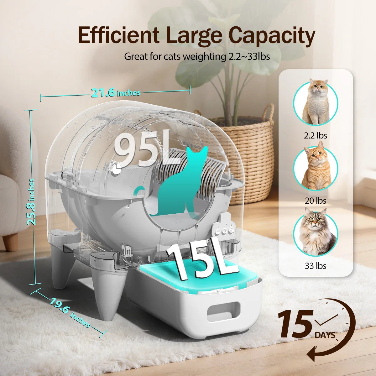 Automatic 95L Smart Cat Litter Box Self-Cleaning Enclosed Tray