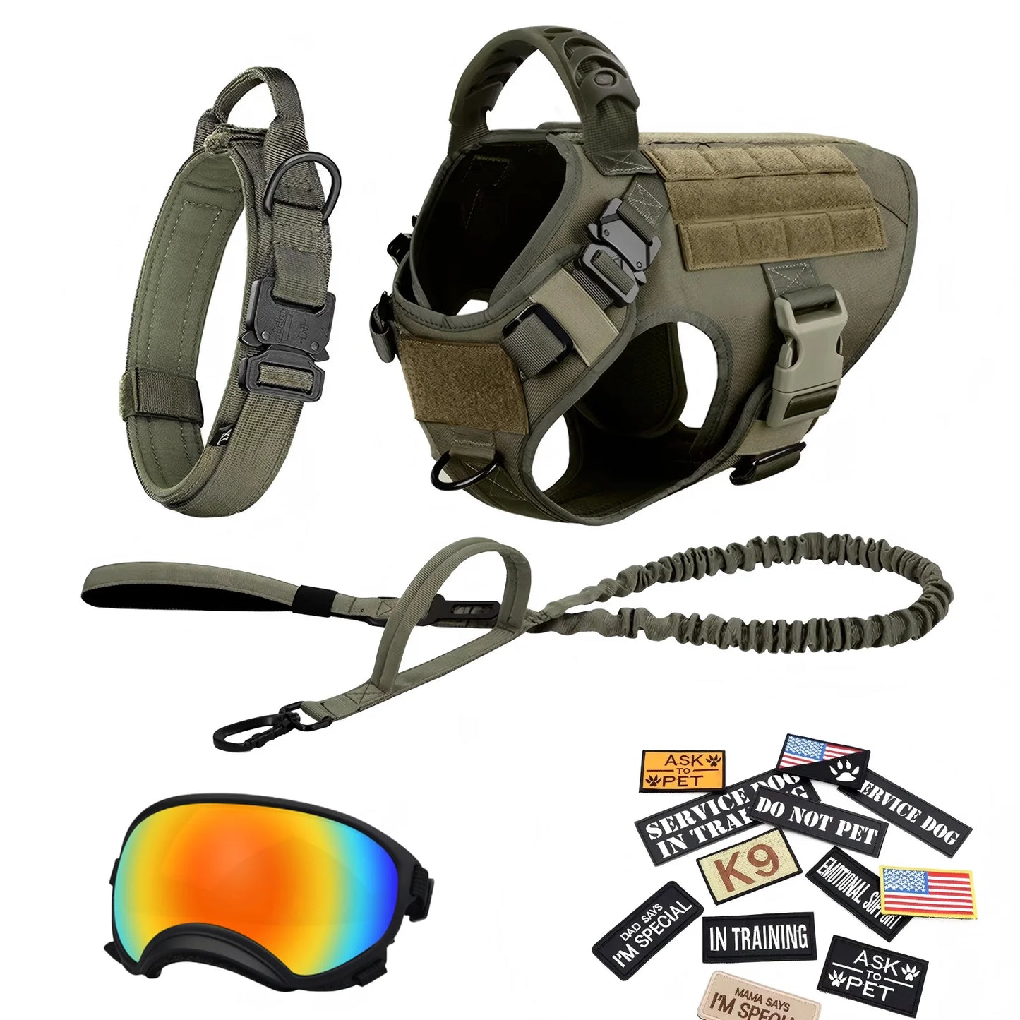 Tactical Dog Harness Vest With Leash Velcro Patches And Sunglasses