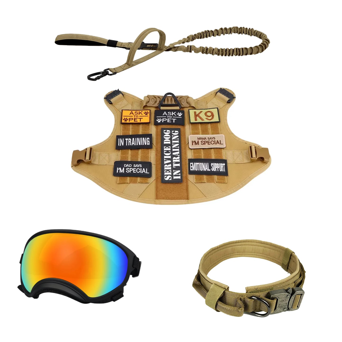 Tactical Dog Harness Vest With Leash Velcro Patches And Sunglasses