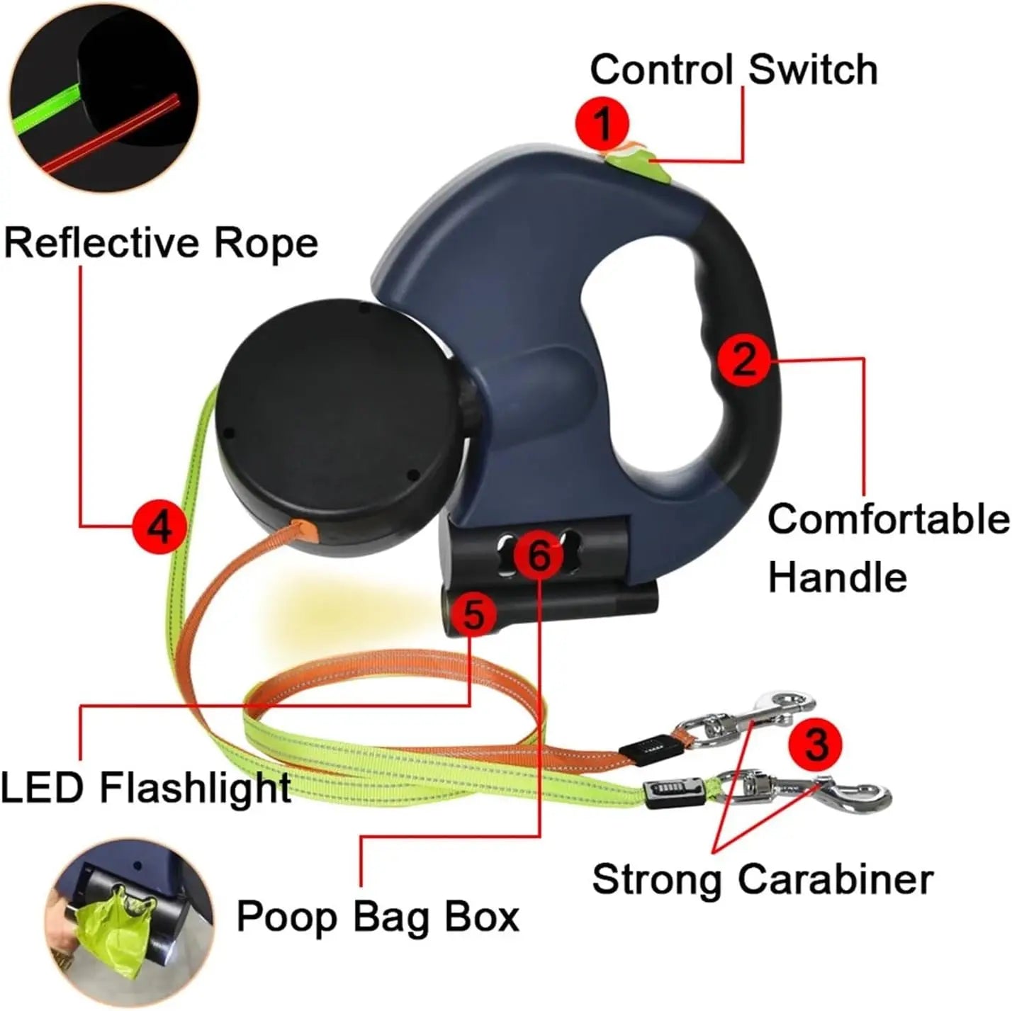 Double Ended Dog Leash Dual Head Nylon With Flashlight