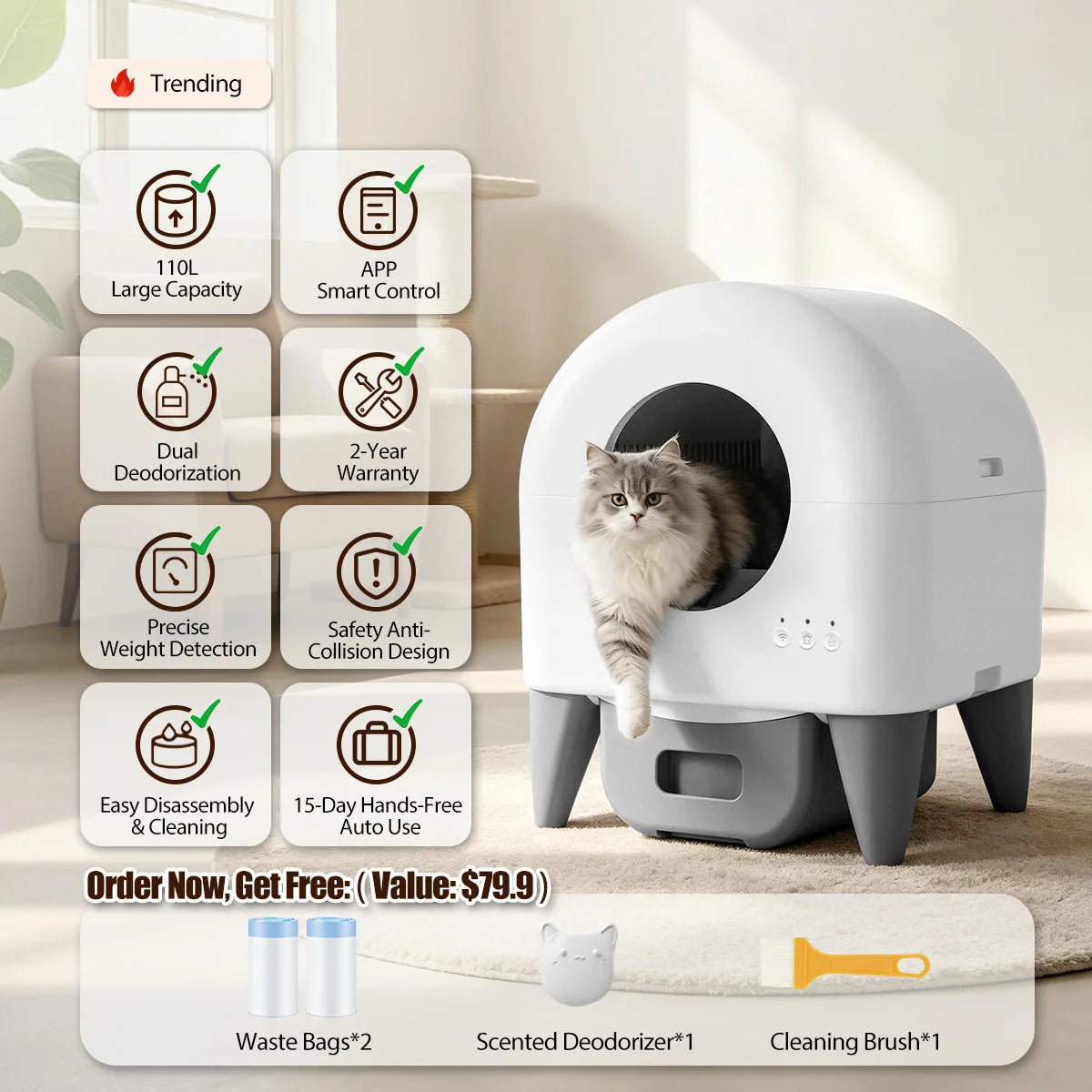 Automatic 95L Smart Cat Litter Box Self-Cleaning Enclosed Tray