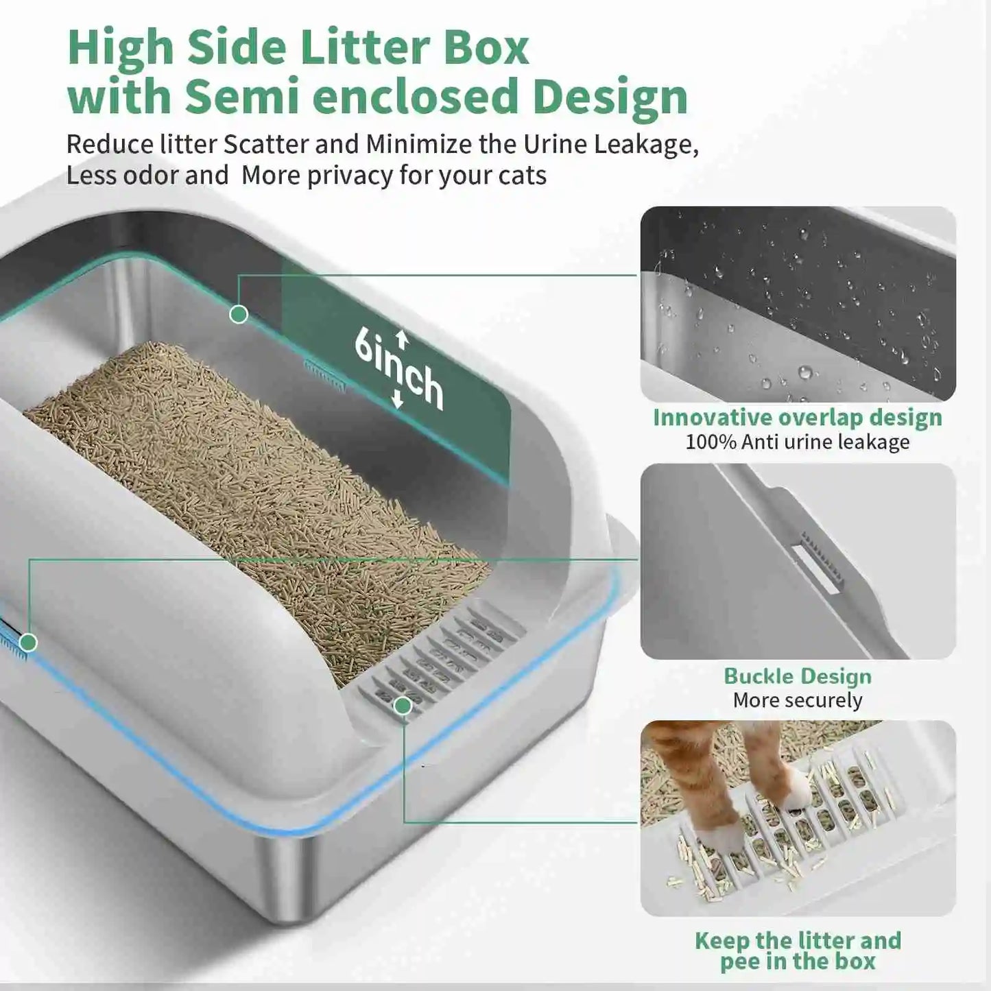 Qiilu Stainless Steel Cat Litter Box With Lid Scoop And Mat