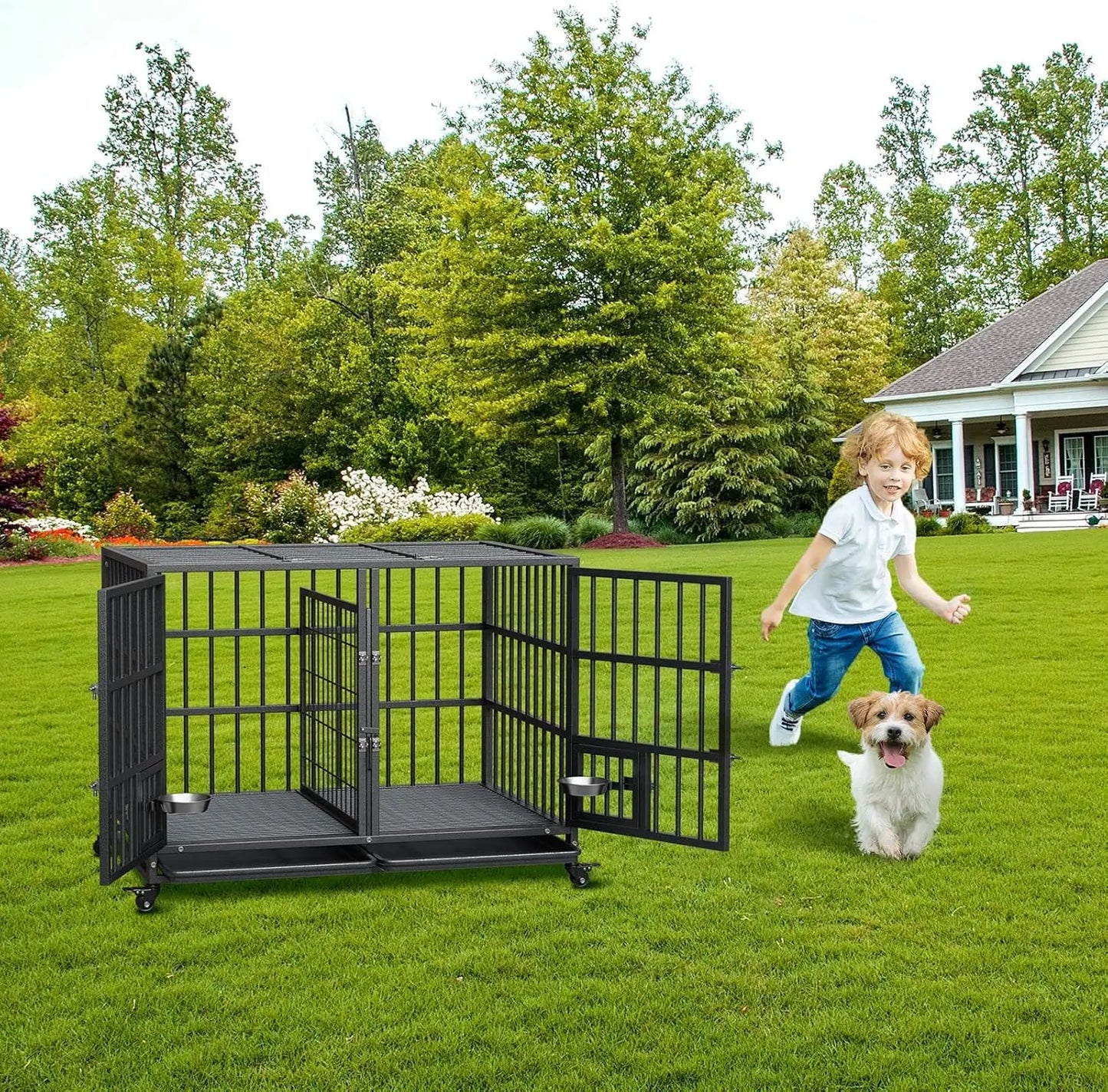 HiMISS Heavy Duty Metal Dog Crate With Divider And Wheels