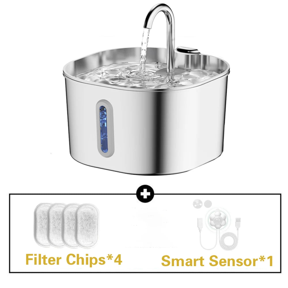 Stainless Steel Cat Water Fountain With LED Window