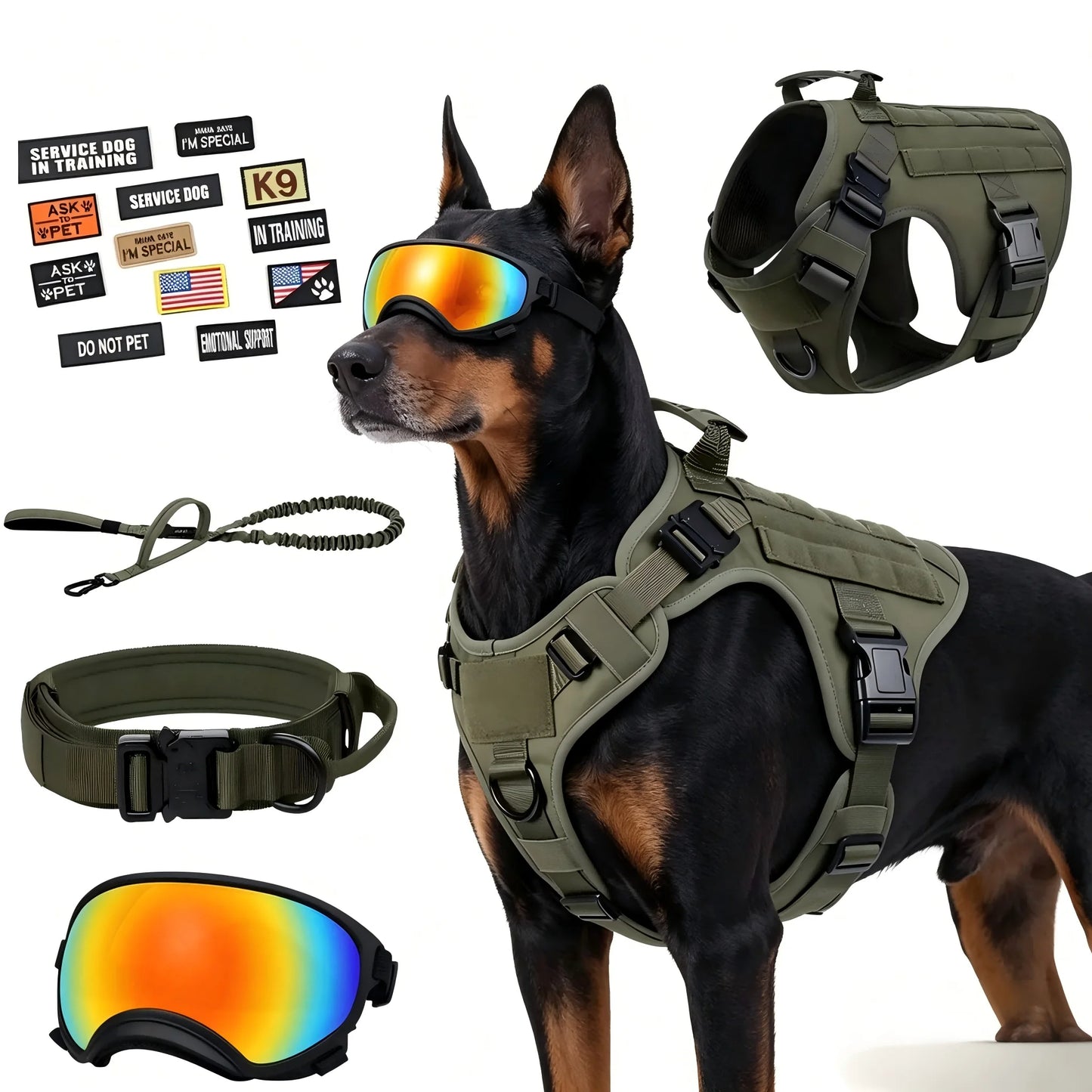Tactical Dog Harness Vest With Leash Velcro Patches And Sunglasses