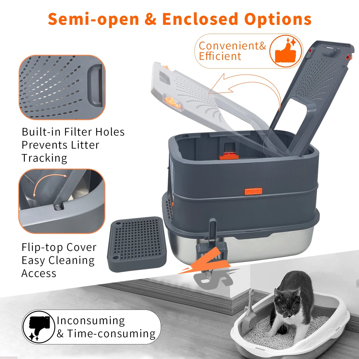Stainless Steel Enclosed Cat Litter Box With Removable Lid And Scoop