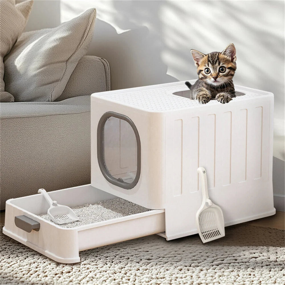 Enclosed Cat Litter Box With Scoop Drawer And Skylight Design