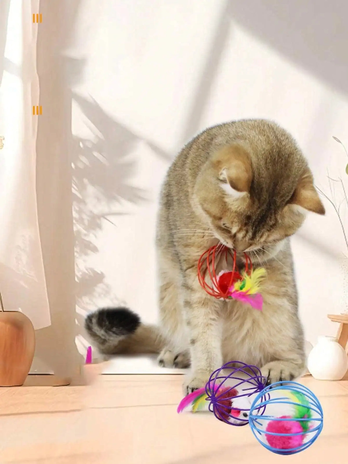 Interactive Indoor Cat Toy Set With Fleece Caged Mouse Balls