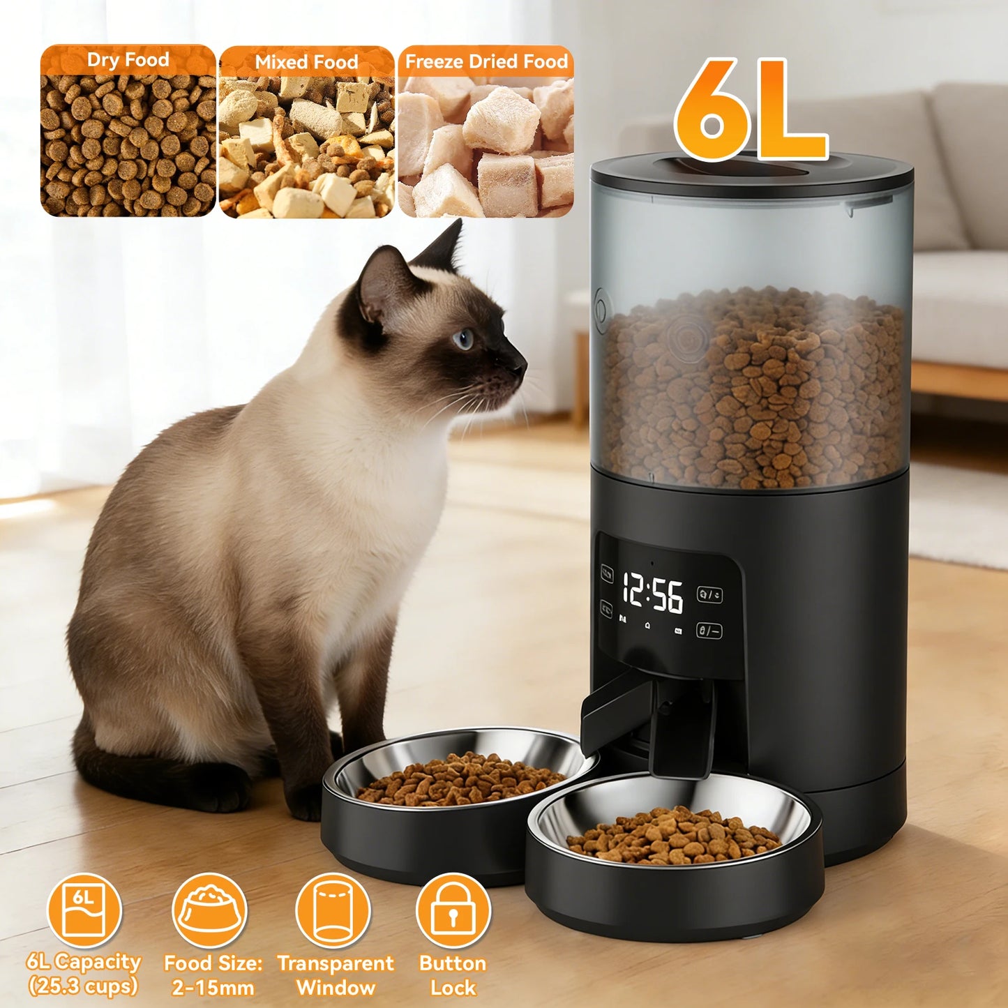 JHK Timed Automatic Cat Feeder With Dual Stainless Bowls