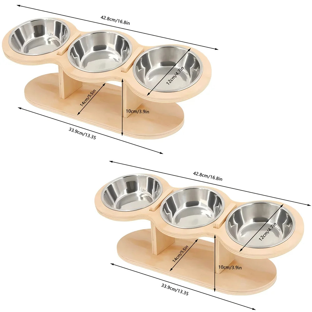 Cat Raised Feeder With Tilted 15 Degree Wood Stand Bowls