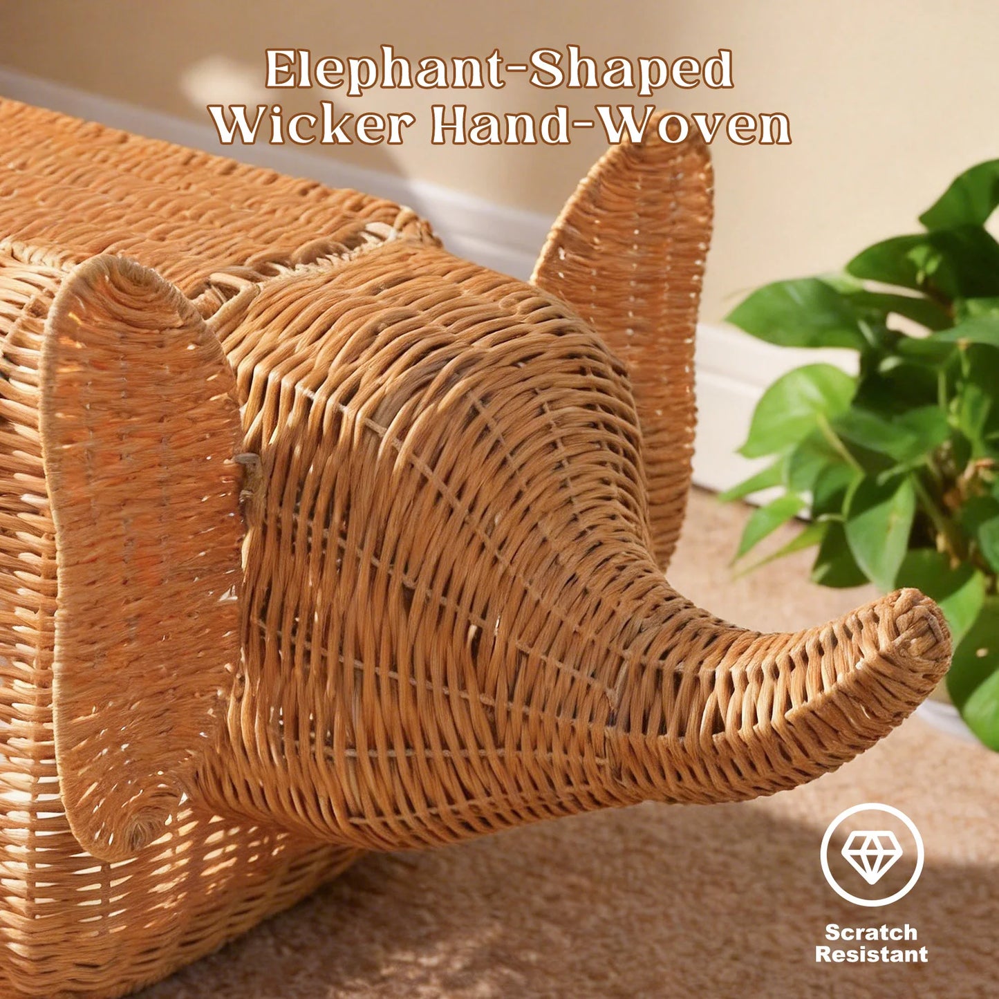 PEQULTI Elephant Rattan Cat Condo Bed Plush Cushioned Hideaway