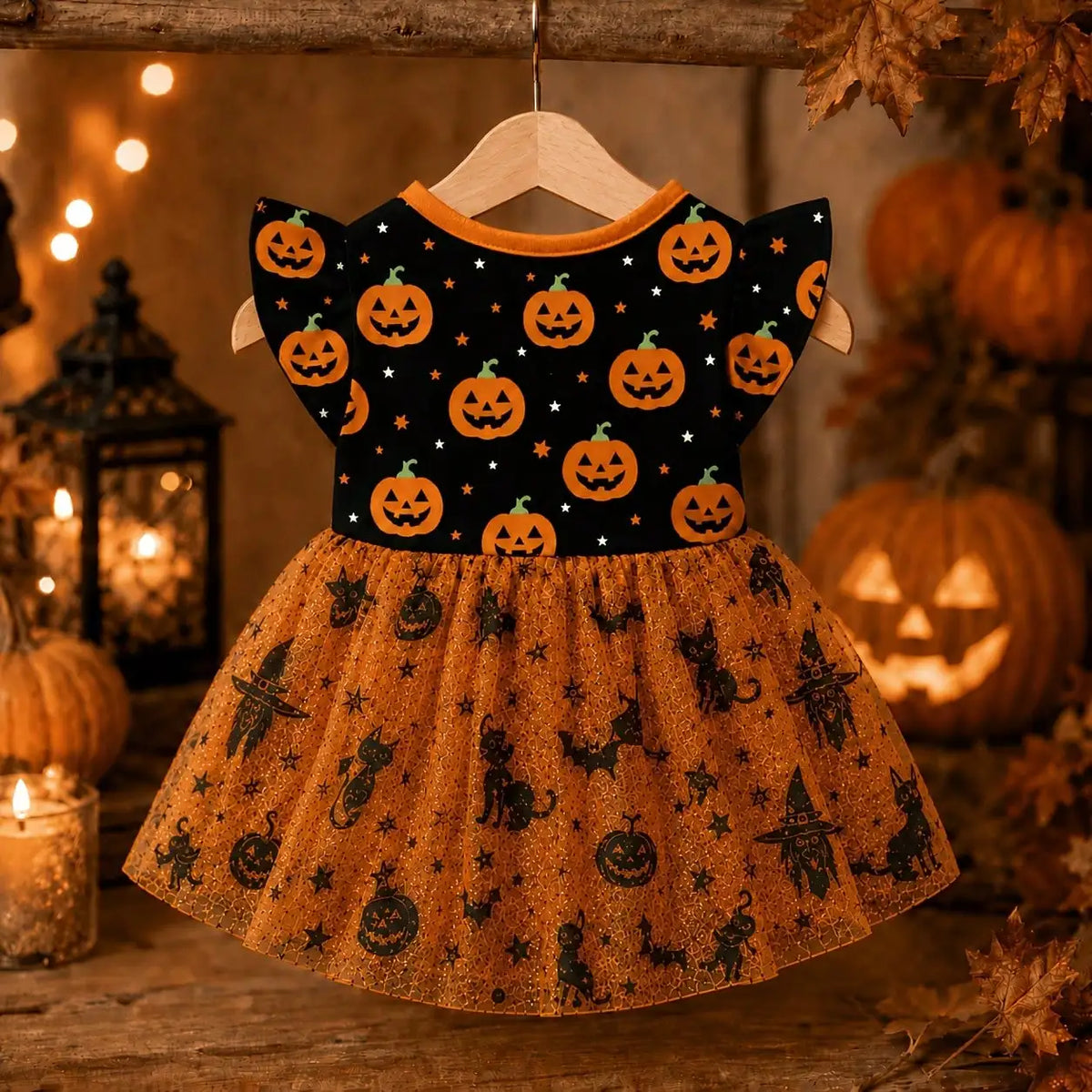 Breathable Halloween Pumpkin Print Dog Dress With Bow