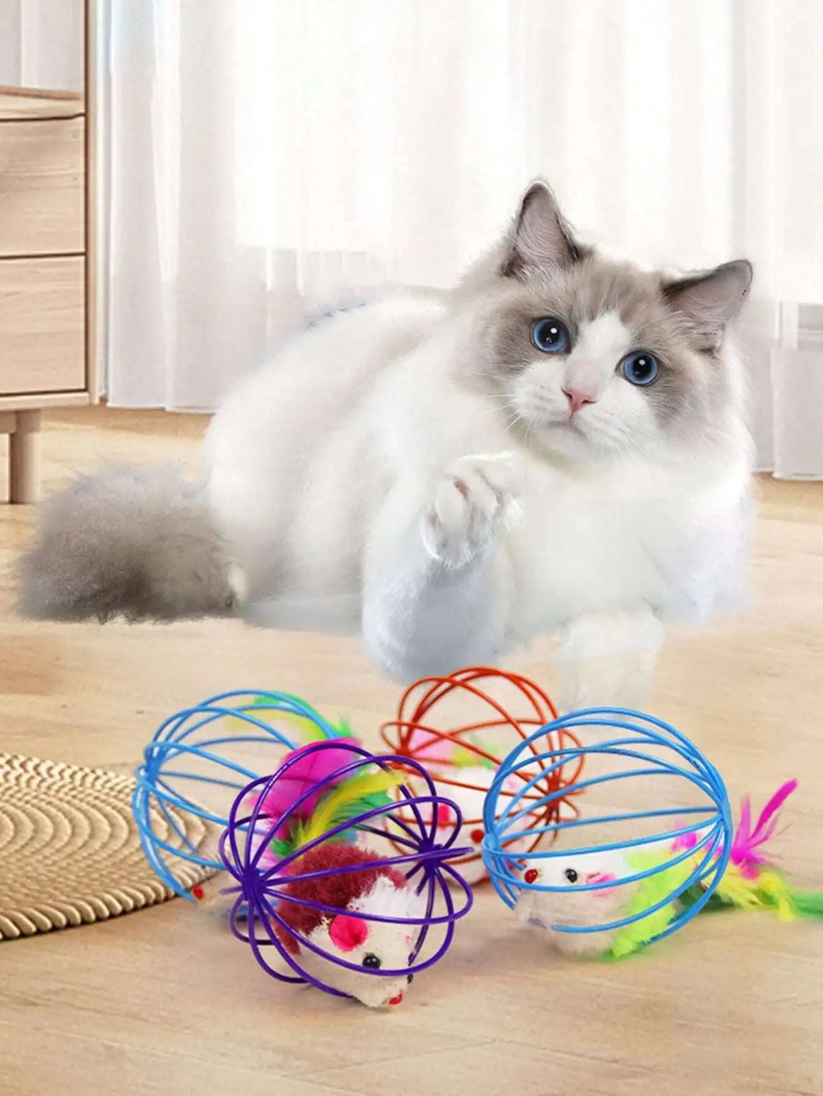 Interactive Indoor Cat Toy Set With Fleece Caged Mouse Balls