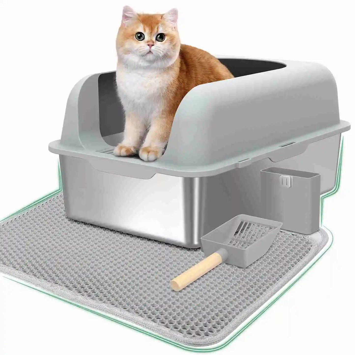 Qiilu Stainless Steel Cat Litter Box With Lid Scoop And Mat