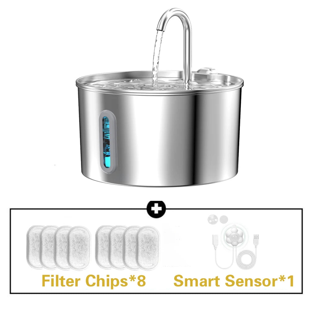 Stainless Steel Cat Water Fountain With LED Window