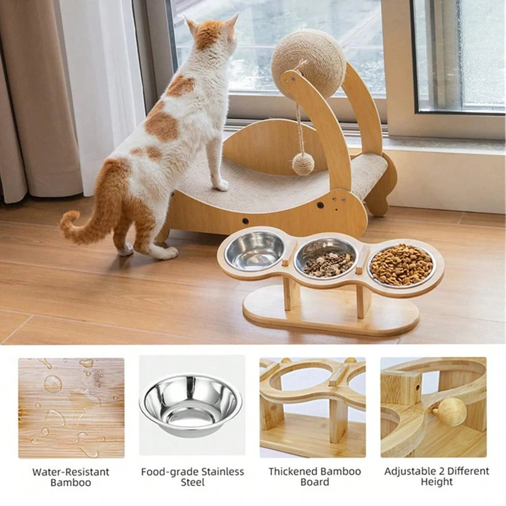 Raised Cat Feeder With Tilted Silicone Mat And 3 Stainless Bowls