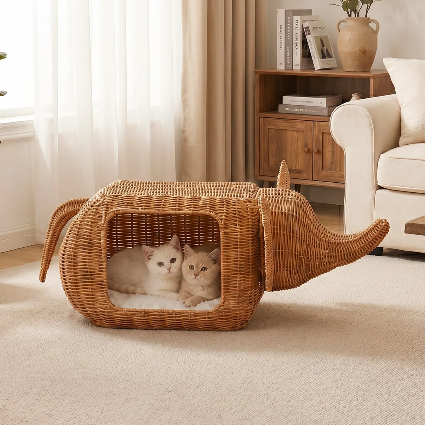 PEQULTI Elephant Rattan Cat Condo Bed Plush Cushioned Hideaway
