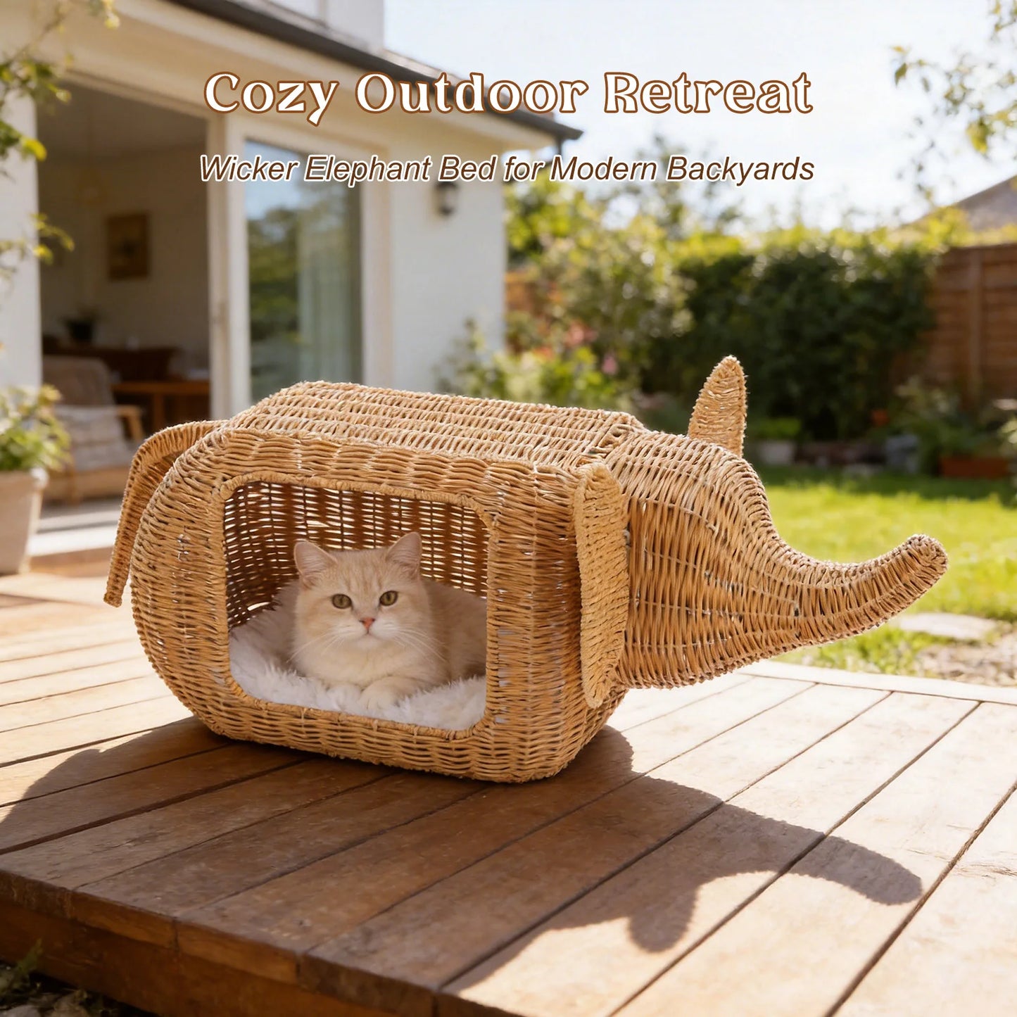 PEQULTI Elephant Rattan Cat Condo Bed Plush Cushioned Hideaway