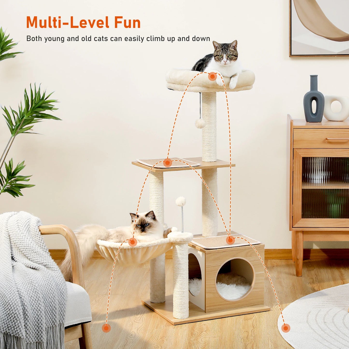 PAWZ Road Modern 3-Tier Wood Cat Tree With Cozy Condo