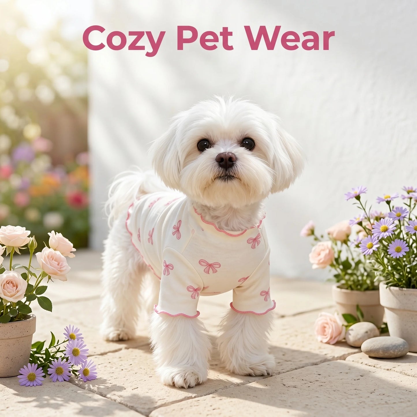 Breathable Knit Pet Sweater With Allover Print And Pink Bow Tie