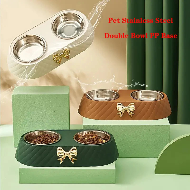 Durable Dual Pet Feeding Bowls With Stainless Steel Bowls