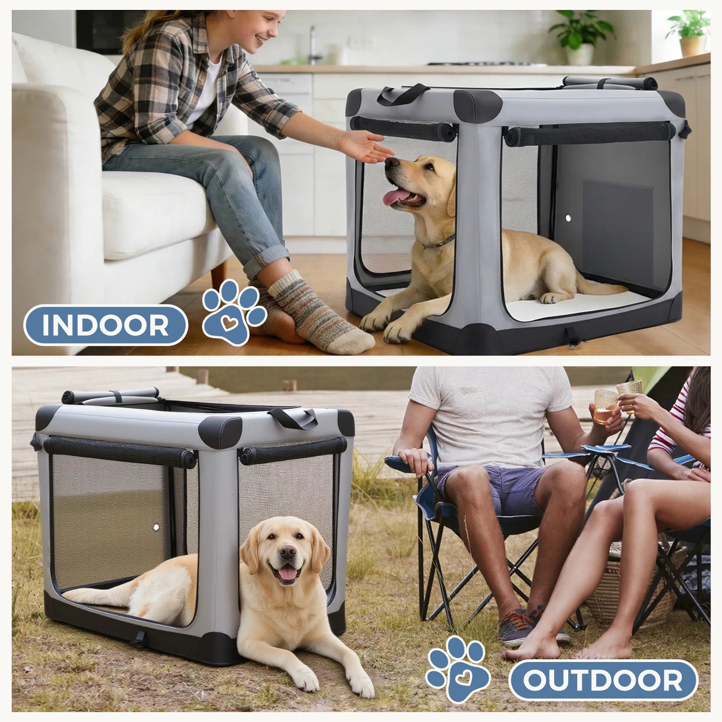 JHK Foldable Soft Dog Crate Kennel With Three Doors Indoors