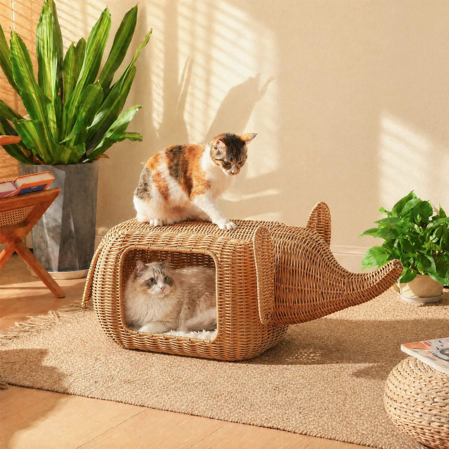 PEQULTI Elephant Rattan Cat Condo Bed Plush Cushioned Hideaway