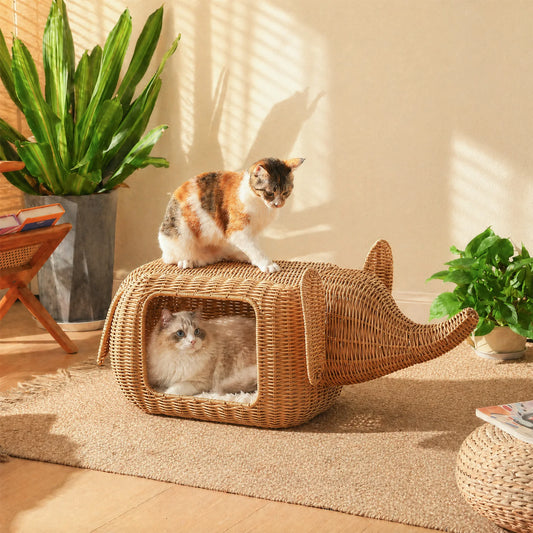 PEQULTI Elephant Rattan Cat Condo Bed Plush Cushioned Hideaway