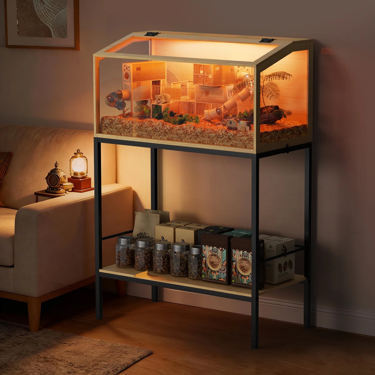 Wooden Hamster Cage With Built In LED Light Habitat