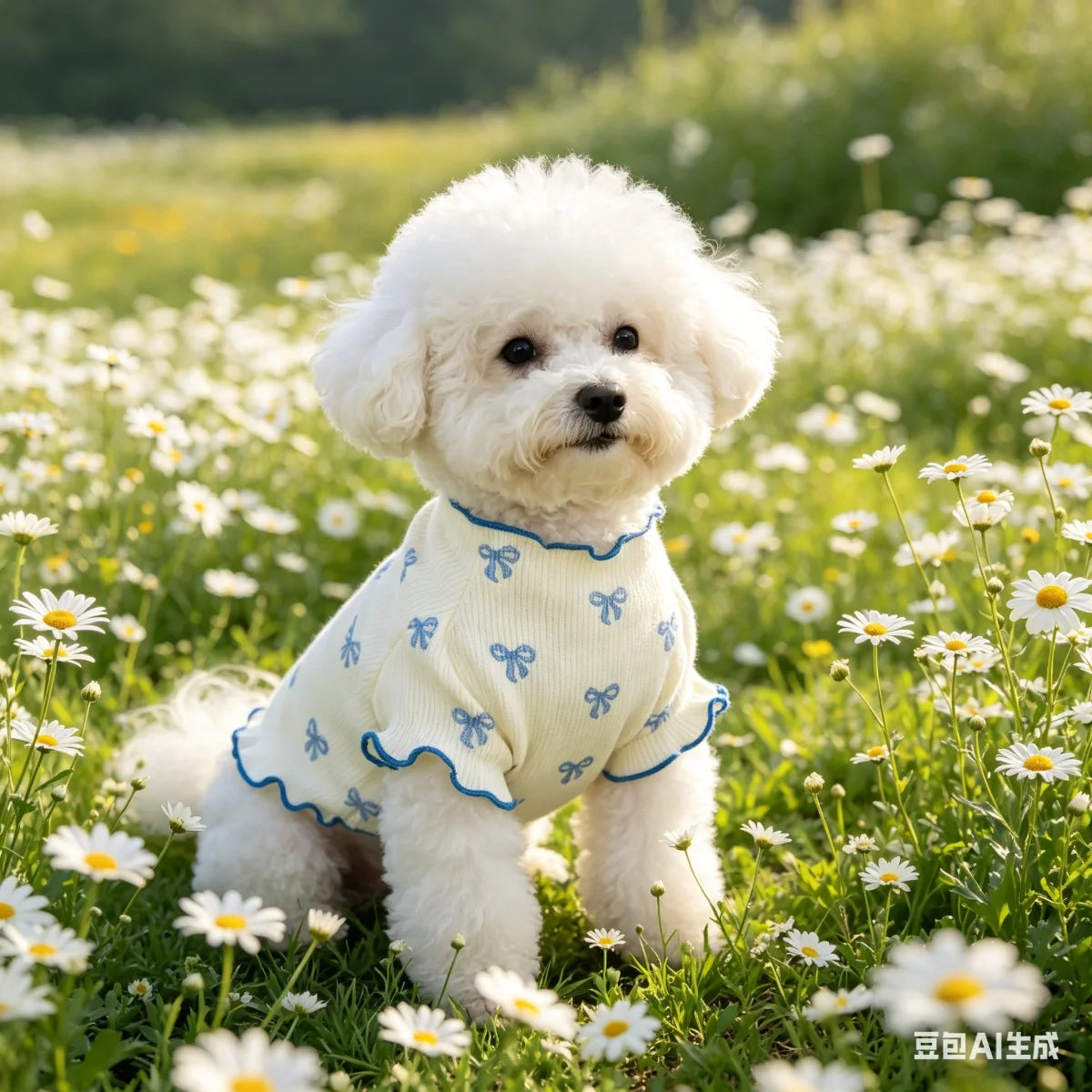 Breathable Knit Pet Sweater With Allover Print And Pink Bow Tie