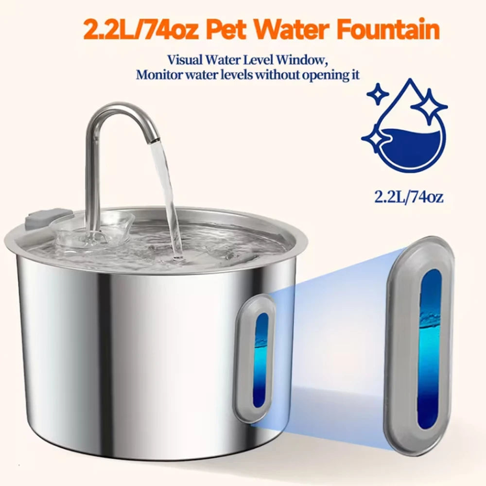 Stainless Steel Cat Water Fountain With Visual Water Level Window