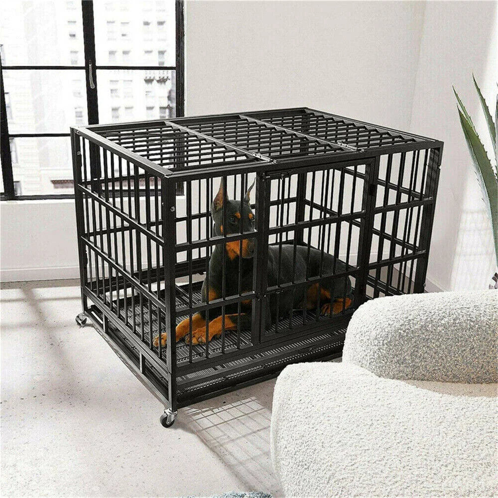 BORWART Heavy Duty Dog Crate Square Tube with Lockable Wheels