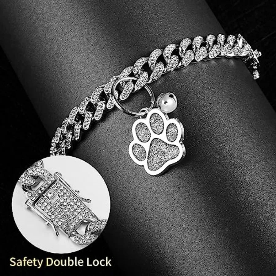Diamond Chain Glitter Cat Collar With Buckle Paw Charm ID