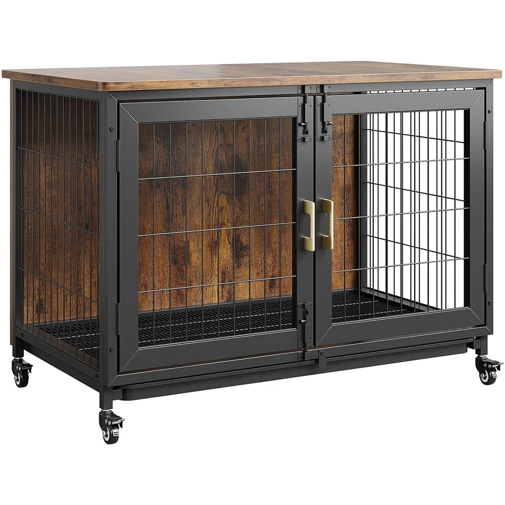 HiMISS Wooden Dog Crate With Heavy Duty Steel Frame Wheels