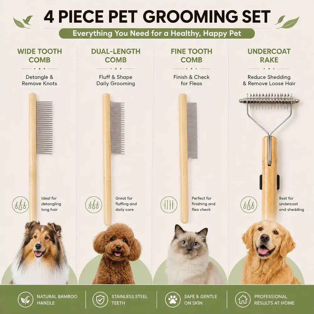 4-In-1 Pet Grooming Kit For Medium To Long Haired Cats And Dogs