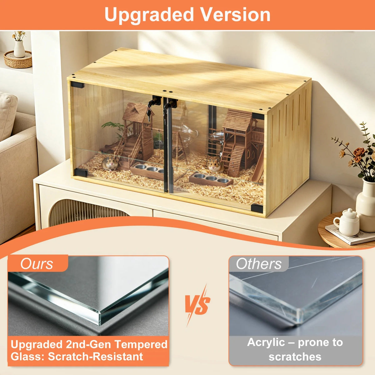 Wooden Hamster Cage Habitat With Removable Divider And Glass Panels